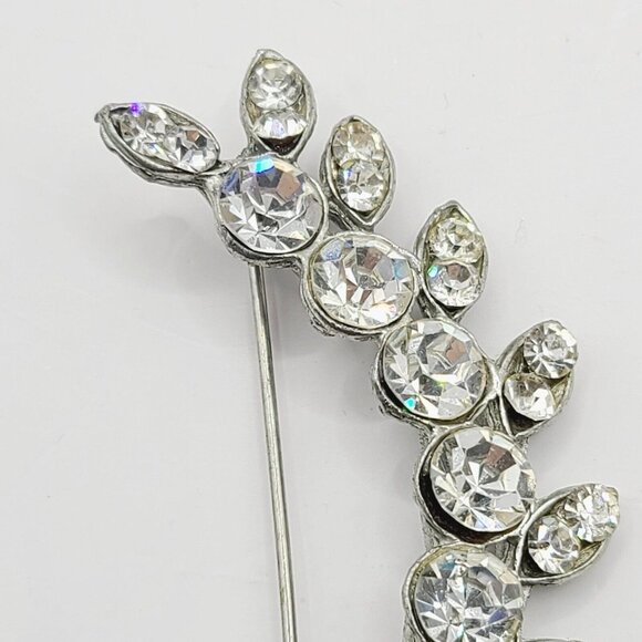 Vtg Rhinestone Laurel Leaves Brooch Flower Leaf Silver Tone w/ Clear Pin - Picture 2 of 6